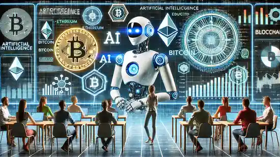 AI-driven robot assistant teaching cryptocurrency concepts in a futuristic classroom with digital screens displaying Bitcoin, Ethereum, and blockchain visuals.